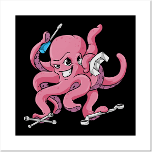 Funny mechanic octopus with tool Posters and Art